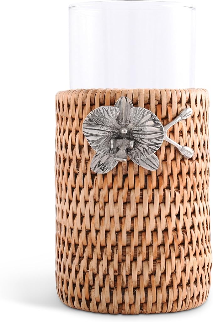 Vagabond House Stylish Set Of 4 Rattan Wicker Tall Drinking Glasses With Pewter Black Orchid, Ideal For Botanic Garden And Native Species Enthusiasts, Acts As Coaster at Poolside Florida - Removable