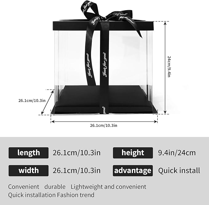 Clear Cake Box, 2-Pack Cake Carrier Container 10" X 10" X 9" with Ribbon Transparent Boxes with Lid Gift Package for Birthday Wedding Party, Black