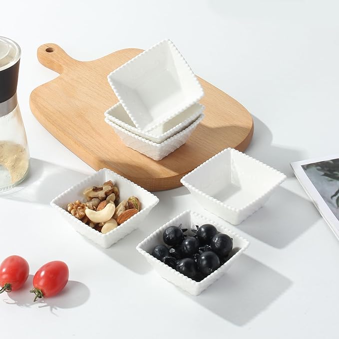 UIBFCWN 6 Pack Ceramic Dip Bowls Set, 2.3oz White Dipping Sauce Bowls/Dishes for Tomato Sauce, Square Side Dishes, Mini Appetizer Plates for Condiment