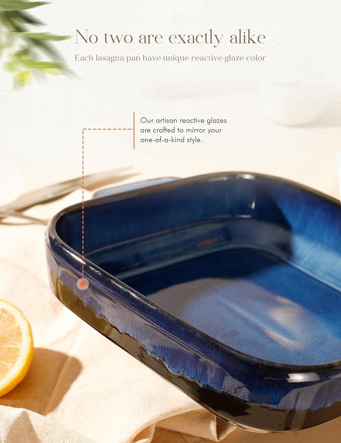 8x8 Baking Pan Ceramic Square Baking Dish Lasagna Pan with Double Handles Deep Casserole Dish for Brownie, Lasagna, Roasting and Great for Kitchen Decor (Reactive Glaze Blue)
