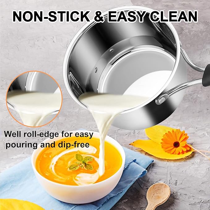 LIANYU 1QT & 2QT & 3QT Saucepan Set with Lids, 18/10 Stainless Steel Sauce Pan Cookware Sets, Kitchen Cooking Small Pots with Long Heatproof Handle, Easy Clean & Dishwasher Safe