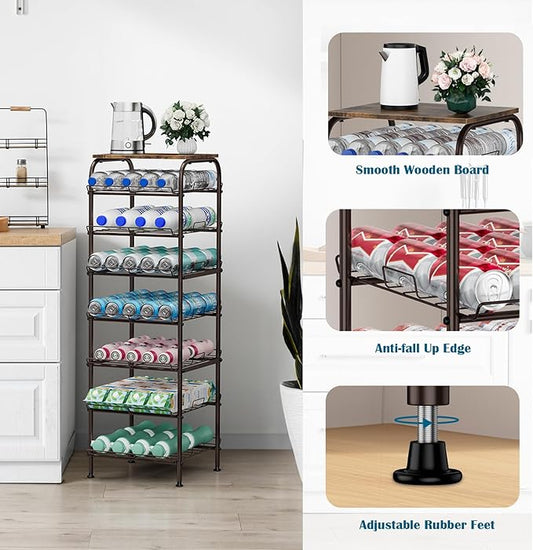 smusei Water Bottle Organizer 7 Tier Free Standing Water Bottle Storage Rack Metal Water Bottle Rack Shelf Large Capacity Bottled Water Holder Beverage Drink Stand for Kitchen Pantry Office, Brown