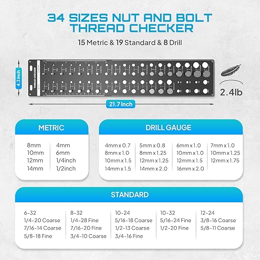 SEESII 34 Thread Checker, Nut and Bolt Thread Identifier Gauge: Precision Engineered with 15 Metric, 19 Standard & 8 Drill Sizes for Accurate Measurement - Bolt Size Finder Tool for DIY Enthusiasts