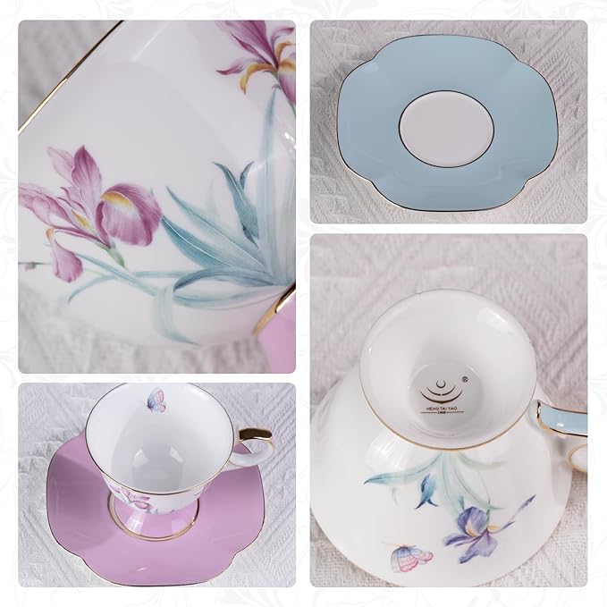 KAMMAK Ceramic Tea Cup and Saucer Set with Gold Trim, Purple & Blue Saucers, Iris Flower & Butterfly Pattern, 250ml Elegant Bone China Coffee Cup for Afternoon Tea, Gift for Women