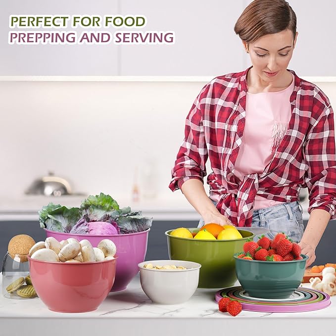 Plastic Mixing Bowls with Lids Set for Kitchen, Nesting Bowls for Mixing, Baking, Prepping, Cooking and Serving Food (5 Set-Purple)