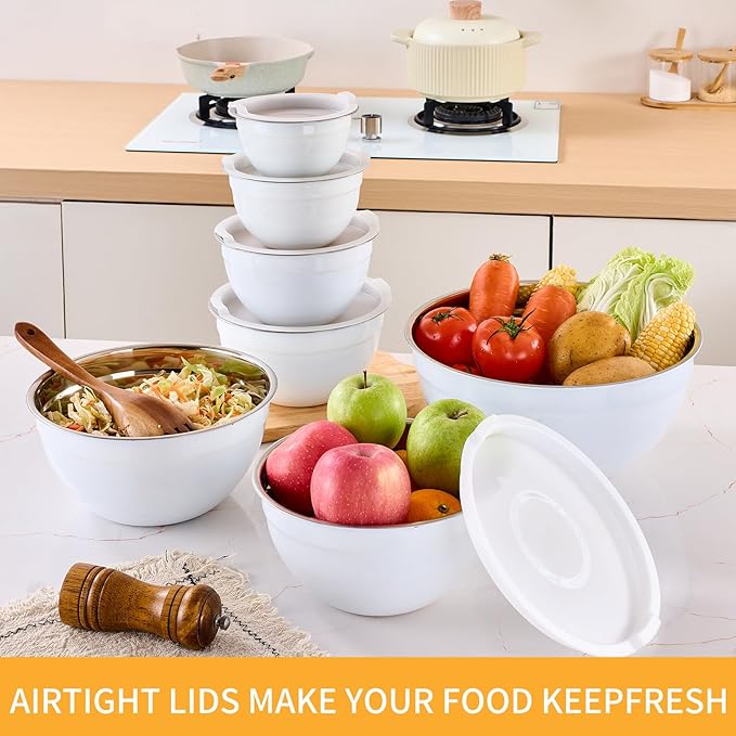 White Mixing Bowls with Airtight Lids, Stainless Steel Nesting Mixing Bowls Set of 7, Ideal for Baking, Prepping and Serving Food, Size 7, 3.6, 2.7, 2.1, 1.5, 1.1,0.8 QT, Stackable Design