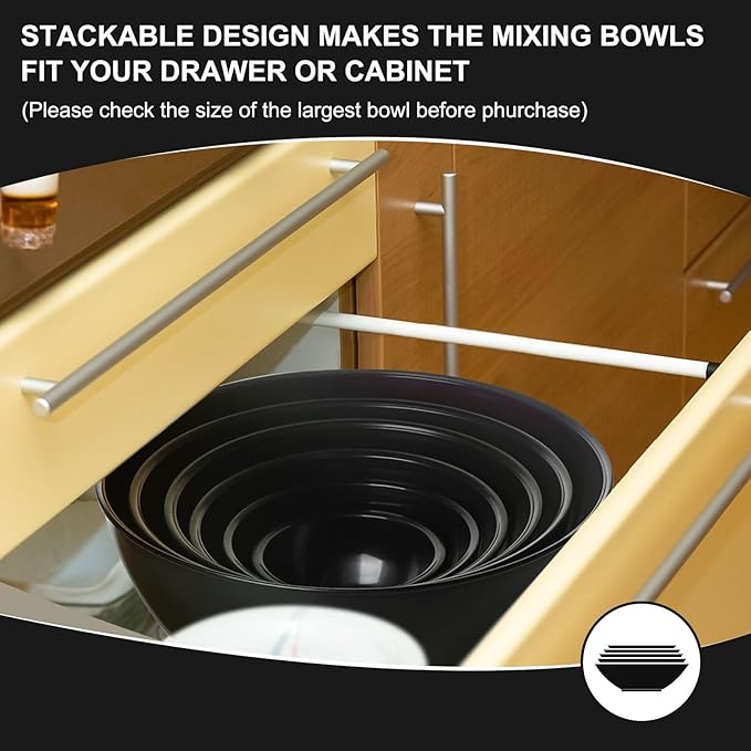 6-Piece Plastic Mixing Bowl Set with Lids for Kitchen, Nesting Storage Bowls for Baking, Prepping,Cooking and Serving Food, Dishwasher, Microwave Safe,Great for Mixing & Serving(6 Set-Black)