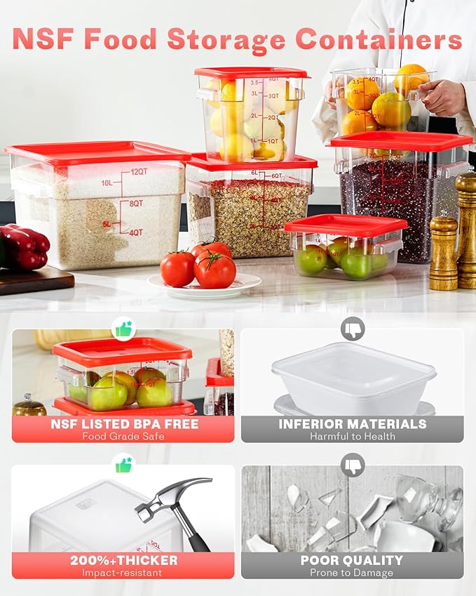 2QT4QT NSF Food Storage Containers: 8 PCS [Food Grade][Hot&Cold Resistant] Commercial Clear Square Food Storage Containers with Scales Handles for Home Restaurant Kitchen Proof Dough (Red)