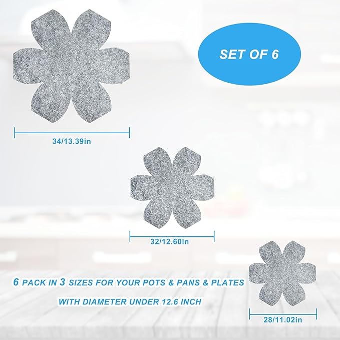 Pan Protectors, Pot and Pan Protectors, 6 Pack Pan Protectors in 3 Sizes, Pot Separator for Stacking, Anti-Slip Pan/Pot Dividers to Avoid Stratching or Marring, Protecting Pads for Glass/Ceramic