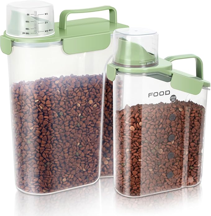3+5LBS 2Pack Cat Dog Food Storage Container Upgraded Large Nozzle BPA-free, Plastic Pet Food Containers, With 4 Sealed Clasps/1 Measuring Cup/Handle Easy Clean and Carry (Green)