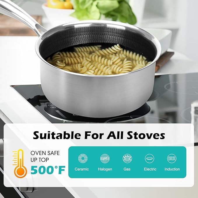 1QT Stainless Steel Saucepan With Lid, Honeycomb Non-stick Cooking Pot, Eco-Friendly PFOA-Free Coating, Compatible with All Cooktops, Perfect for Milk, Soup, Oatmeal & Baby Food, Dishwasher Safe