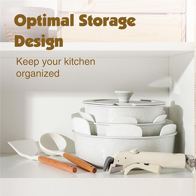 SENSARTE 17 Piece Pots and Pans Set, Nonstick Detachable Handle Cookware Set, Induction Kitchen Cookware Set with Removable Handle, Healthy Non Stick for RV, Dishwasher ＆ Oven Safe, PFOA Free (White)