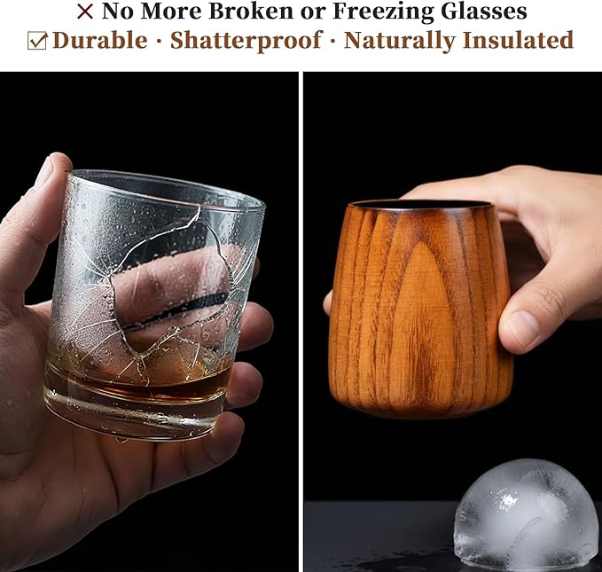 Charred Wooden Whiskey Glass – Handcrafted Bourbon Tumbler with Charred Interior | Old Fashioned Whiskey Glass for Bourbon Lovers | Unique Christmas Whiskey Gifts for Men, Dad, Husband (4Pcs)