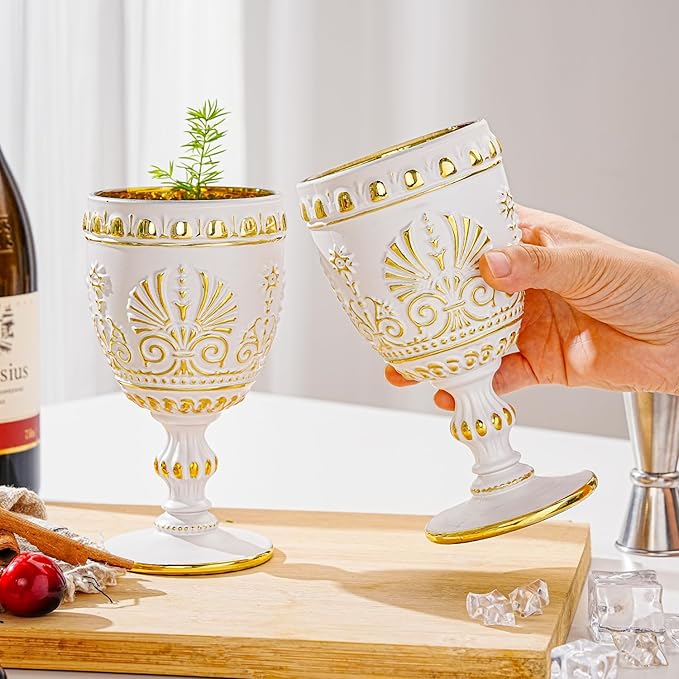 Sungmor Vintage White and Gold Wine Goblets - Set of 2 Embossed Glasses, 10 oz Decorative Drinking Glassware for Wine, Water or Cocktails - Baroque Stemware for Entertaining or Gifting