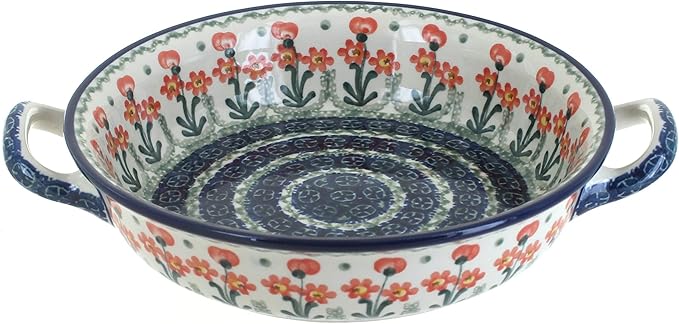 Blue Rose Polish Pottery - Orange Peach Posy Small Round Casserole with Handles - 8.25" Diameter - Unique, Dishwasher Safe, & Durable Bakeware