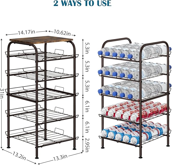 smusei Water Bottle Organizer 5 Tier Free Standing Water Bottle Holder Rack Large Capacity Bottled Water Storage Rack Metal Soda Can Beverage Drink Stand Shelf for Kitchen Pantry Office, Brown