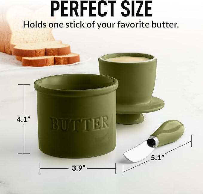 Zulay Kitchen Butter Crock With Lid & Spreader Knife for Countertop - Ceramic French Butter Dish Keeper For Fresh & Spreadable Butter - Cypress Green