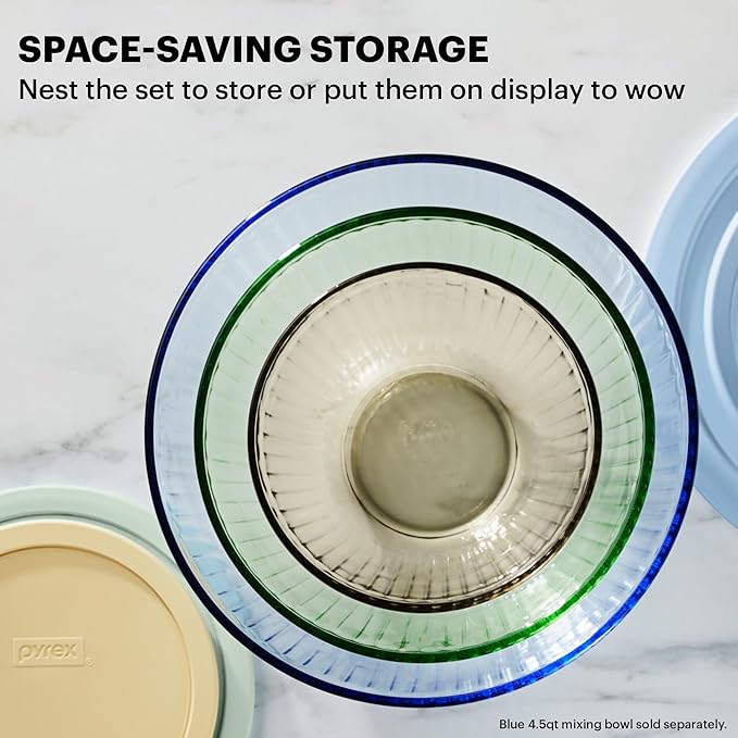 Pyrex Colors Tinted (3-Pack, Full Set) Sculpted Tinted Glass Mixing Bowls With Lids, Nesting Space Saving Set of Bowls For Prepping and Baking, 1.3QT, 2.3QT & 4.5Q