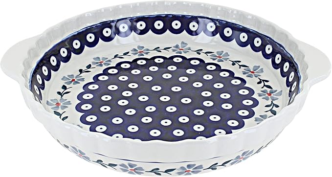 Blue Rose Polish Pottery - Blue Blue Violet Pie Plate With Handles - 9.75" Diameter - Ceramic Baking Dish, For Pies, Quiches & Desserts