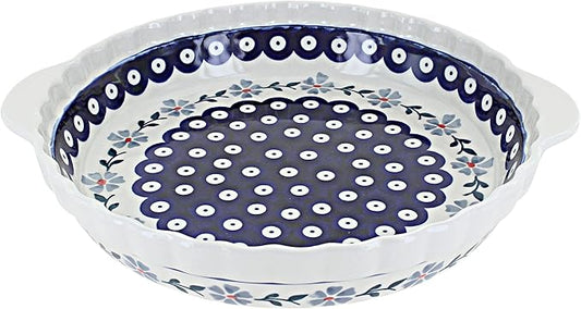 Blue Rose Polish Pottery - Blue Blue Violet Pie Plate With Handles - 9.75" Diameter - Ceramic Baking Dish, For Pies, Quiches & Desserts