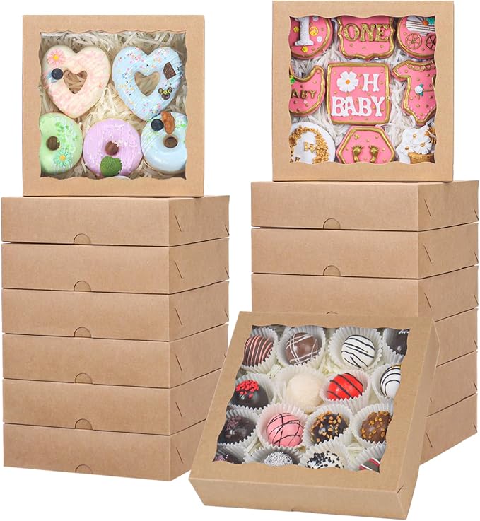 30pcs 8x8x2 Inch Brown Bakery Boxes with Window - Perfect for Cookies, Chocolate Covered Strawberries, Pretzels, Cakesicles & More