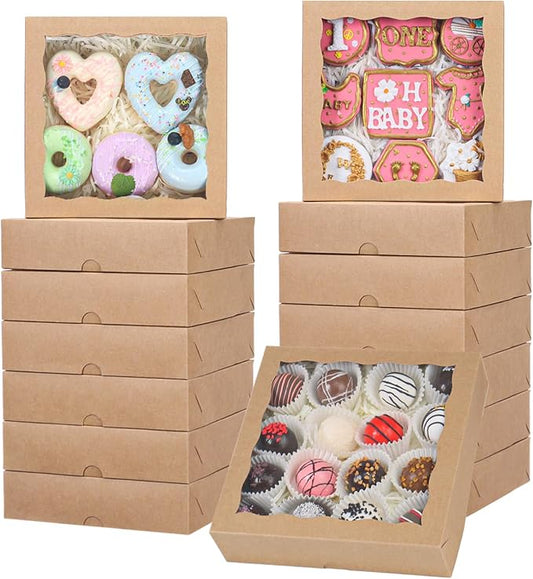 30pcs 8x8x2 Inch Brown Bakery Boxes with Window - Perfect for Cookies, Chocolate Covered Strawberries, Pretzels, Cakesicles & More