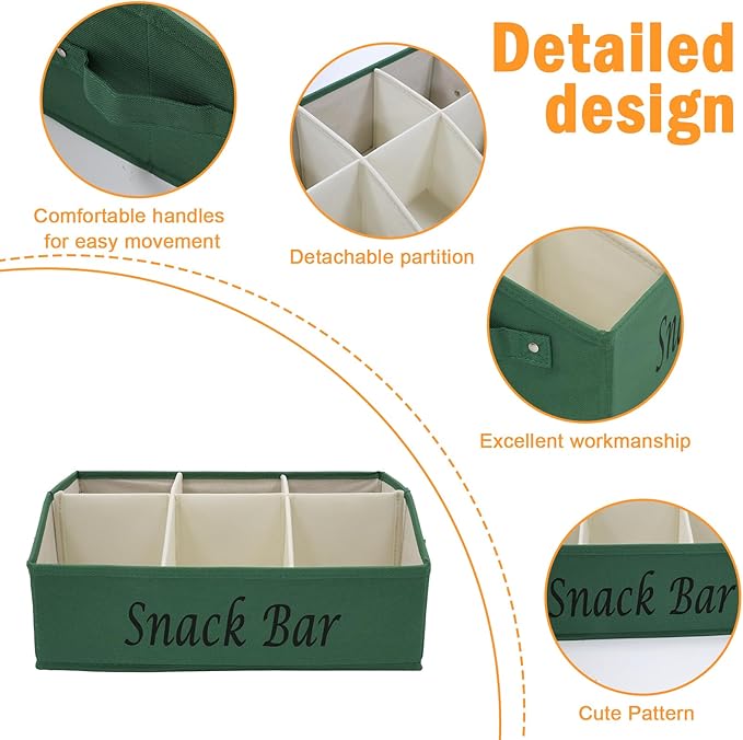 Snack Organizer for Countertop, Fabric Snack Bar Station with Handles, 6 Compartment Container, Kitchen Pantry Storage and Organizer, Green