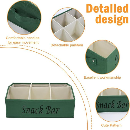 Snack Organizer for Countertop, Fabric Snack Bar Station with Handles, 6 Compartment Container, Kitchen Pantry Storage and Organizer, Green