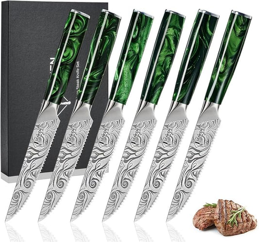 SENKEN Professional Steak Knife Set with Beautiful Engraved Pattern - Wasabi Collection - Razor Sharp Serrated High Carbon Steel & Emerald Green Resin Handle (6 Piece Steak Knife Set)