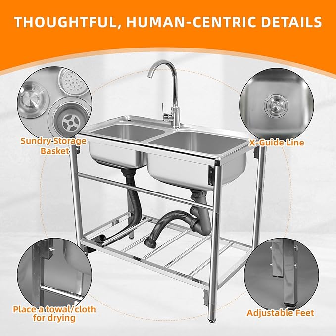 Commercial Stainless Steel Double Bowl Kitchen Sink, Outdoor Utility Sink with Hot and Cold Faucet, Free Standing Restaurant Sink for Restaurant, Kitchen, Laundry, Garage, Cafe, 31.5" x 16.9" x 29.5"