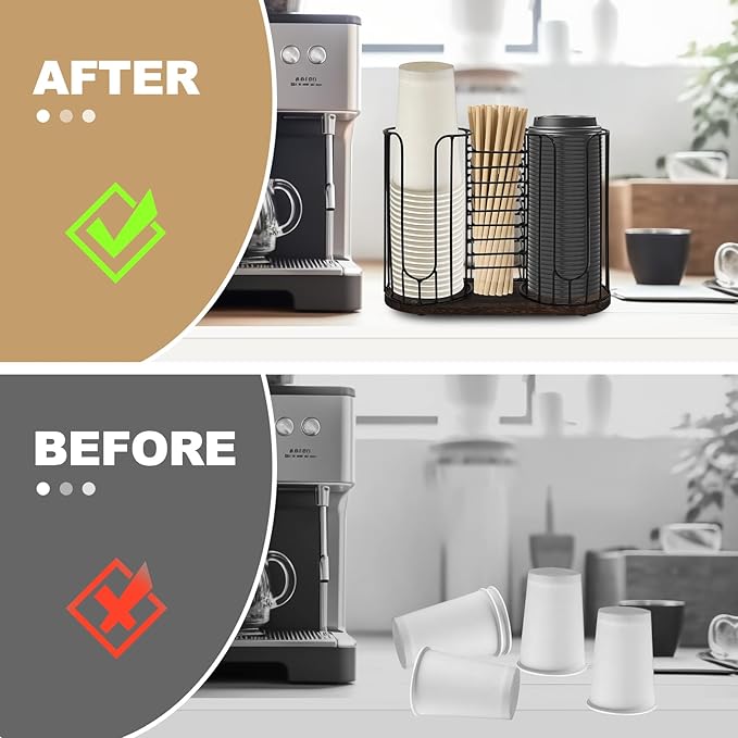 3-Compartment 18oz Coffee Cup Dispenser Rack with Wood Base, Disposable Cup, and Lid Organizer for Countertop - Perfect for Paper Cups, Straws, and Kitchen Cabinet Storage