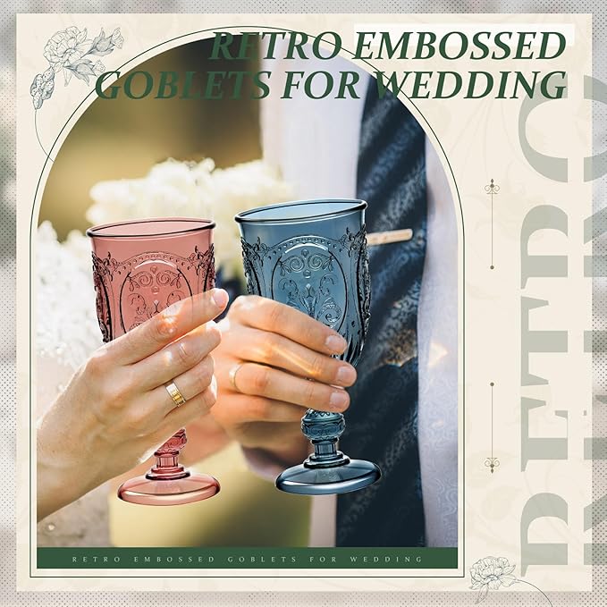 24 Pcs Plastic Goblets 7.5oz Vintage Goblet Plastic Wine Glasses Colored Retro Embossed Water Goblets for Wine Bar Juice Baby Shower Wedding Reception Grand Event Party (Mixed Color)