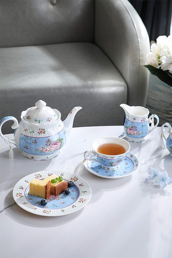 London Boutique Coffee Tea Cup and Saucer Set 4 Shabby Chic Vintage Porcelain Bird Butterfly Flora Gift Box 7.5OZ (Rose Blue)