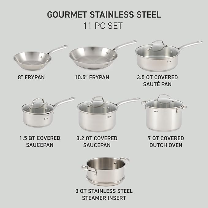 T-fal Stainless Steel Cookware Set, 11 Piece, Induction Cookware, Oven Safe to 500°F, Kitchen Cooking Set w/Fry Pans, Pots and Pans, Dutch Oven, Saucepans, Kitchen Essentials, Silver