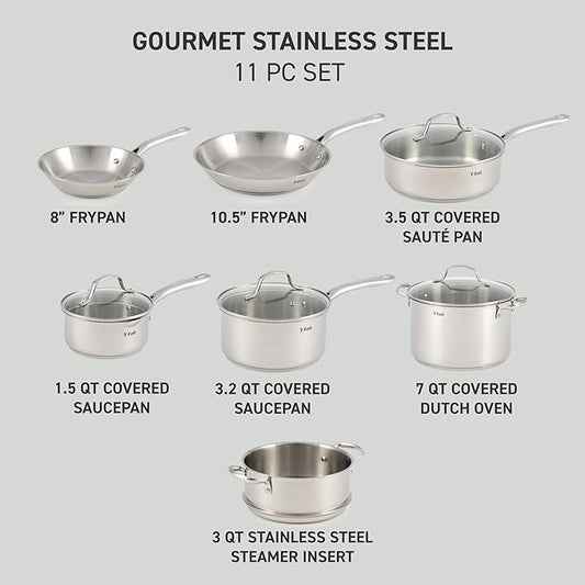 T-fal Stainless Steel Cookware Set, 11 Piece, Induction Cookware, Oven Safe to 500°F, Kitchen Cooking Set w/Fry Pans, Pots and Pans, Dutch Oven, Saucepans, Kitchen Essentials, Silver