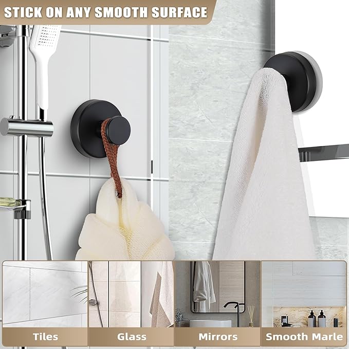 Suction Cup Hooks for Shower No-Drill Bathroom Hooks for Towels, Robes, Loofah Mountable on Bathroom Walls, Kitchen, Glass, Mirrors, Tile and Smooth,Non-Porous Surfaces (4, Matte Black)