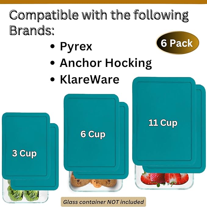 3, 6 & 11 Cup Turquoise Replacement Lids/Covers for Pyrex, Anchor Hocking & KlareWare Storage Bowls *Lids Only Glass Container Not Included* (6 Pack *Two of Each Size*)
