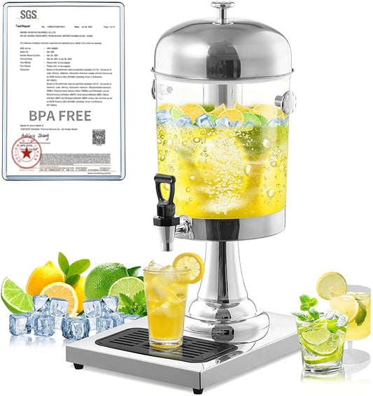 2 Gallon Drink Dispensers for Parties, [Easy-to-Clean Drip Tray Design] [Cold & Hot Dual-Use] Beverage Dispenser with Stand & Ice Core, Stainless Steel Juice Dispenser for Home Lemonade, Catering
