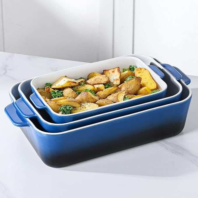 Casserole Dishes for Oven: Ceramic Rectangular Baking Dish, 14.5''/13''/10.5'' Lasagna Pans, Bakeware Sets for Cooking, Kitchen, Cake Dinner, Banquet and Daily Use, Blue