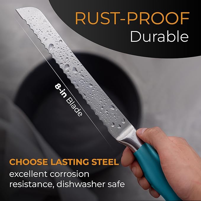 Orblue Serrated Bread Knife Ultra-Sharp Stainless Steel Professional Grade Bread Cutter - Cuts Thick Loaves Effortlessly - (8-Inch Blade with 5-Inch Handle), Blue
