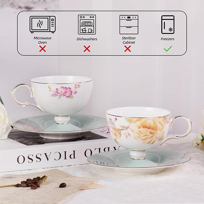 KAMMAK Ceramic Tea Cup and Saucer Set with Gold Trim, Yellow Peony Floral Pattern, Elegant Bone China Coffee Cup with Light Blue Saucer for Afternoon Tea, Gift for Women