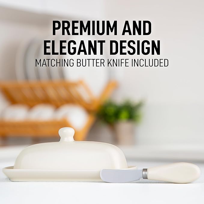 Zulay Butter Dish With Lid For Countertop - Porcelain White, Ceramic Butter Dish with Knob Handle Great for Cooking - Elegant Design Butter Holder - Durable & Sturdy Butter Keeper - Ivory