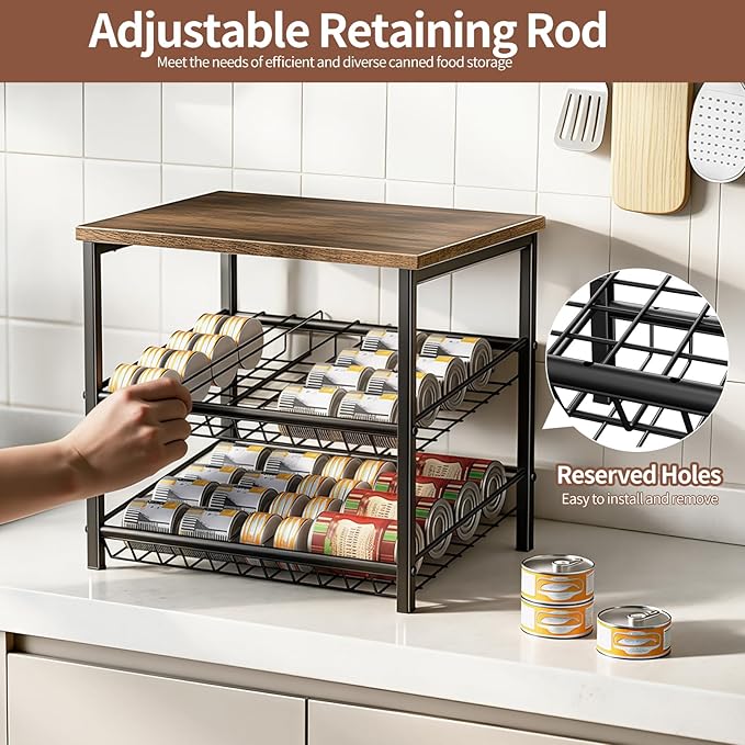 3 Tier Can Organizer for Pantry, Adjustable Can Rack Organizer, Automatic Rolling Storage Holder for Various Ounces of Canned Food Drinks Pet Food, Ideal for Countertop Kitchen Cabinet