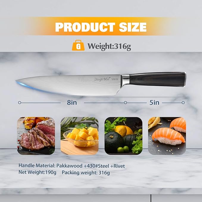 Chef Knife, Chefs Knife for Meat Cleaver Carving Chopping Cutting Made of Damascus Pattern High Carbon Stainless Steel with Pakkawood Handle, Professional 8 Inch Kitchen Knives.