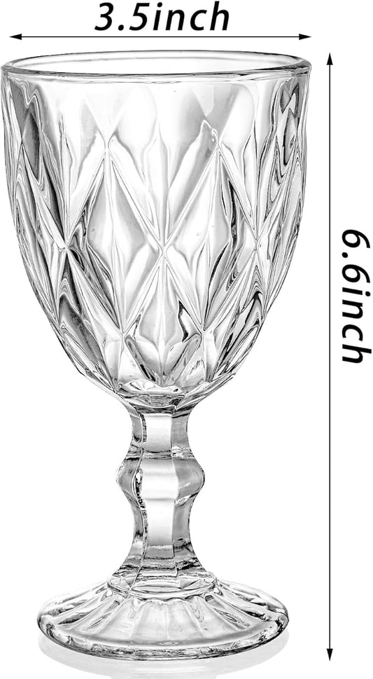 SOUJOY 6 Pack Glasses Goblet, 10oz Vintage Embossed Glass Cup, Beverage Stemmed Party Wine Glasses for Soda, Juice in Bars, Restaurants, Home