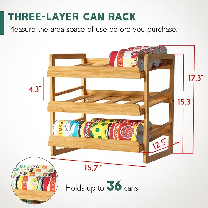 Bamboo Can Organizer for Pantry, 3 Tier Stackable Can Storage Organizer Pantry with Label Sticker and Marker Pen, Can Holders for Cabinet and Can Rack Organizer (Natural Bamboo)