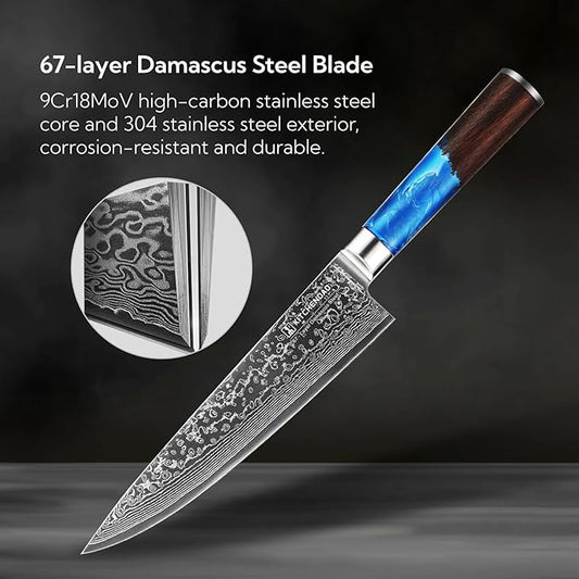 KITCHENDAO Chef Knife 8 Inch 67-Layer Damascus Steel Kitchen Knife Super Sharp Cooking Knife with Unique Rosewood and Resin Handle, Gift Box for Family, Friends and Colleagues