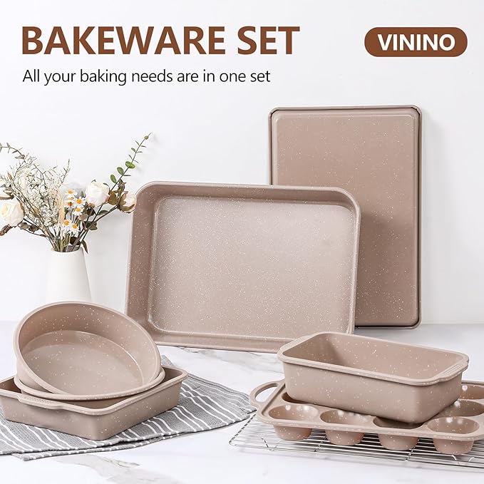 Vinino 8-Piece Baking Pans Set Nonstick, Bakeware Set includes Silicone Muffin, Loaf, Cake Pans with Metal Reinforced Frame, and Carbon Steel Roasting Pan, Cookie Sheet, Cooling rack for Oven