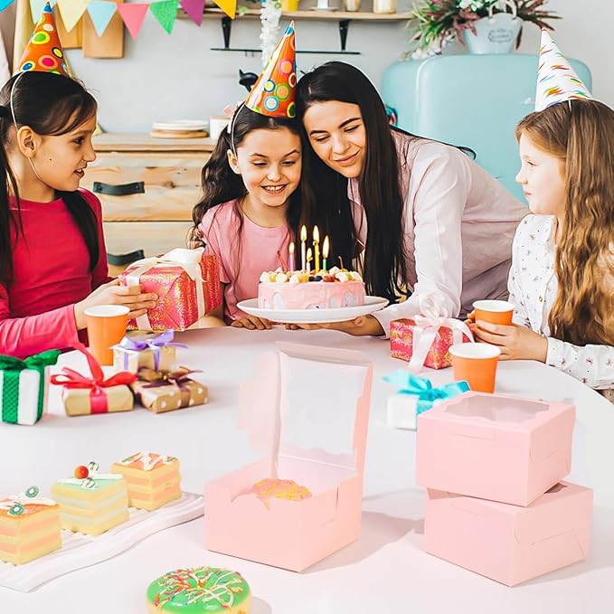 25pcs Pink Small Cake Box,4x4x2.5 Inch Bakery Boxes with Window,gift boxes bulk for Mini Cake Pastry Dessert Strawberries Chocolates Cupcakes with Stickers