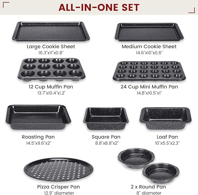 10-Piece Baking Pans Set, Bakeware Sets Nonstick, Baking Set for Oven Cooking, Stackable Carbon Steel Set Include Cookie Sheets, Muffin Pan, Cake Pan, Pizza Pan, Loaf Pan, Roasting Pan, Black